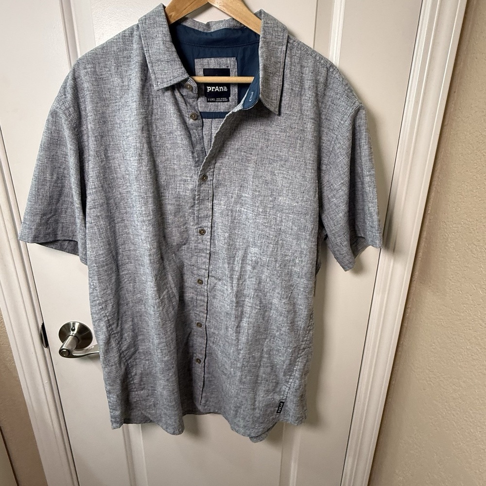 prAna Mens XL Hemp Blend Gray Short Sleeve Button Up Shirt Outdoor Travel